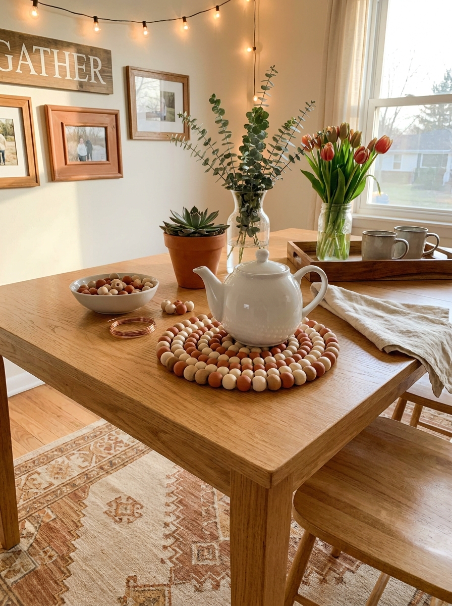 Painted Wooden Bead Trivet for Hot Dishes