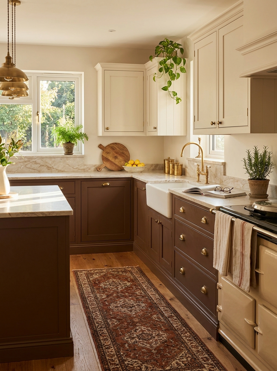 Rich Chocolate Brown Cabinets with Cream and Brass