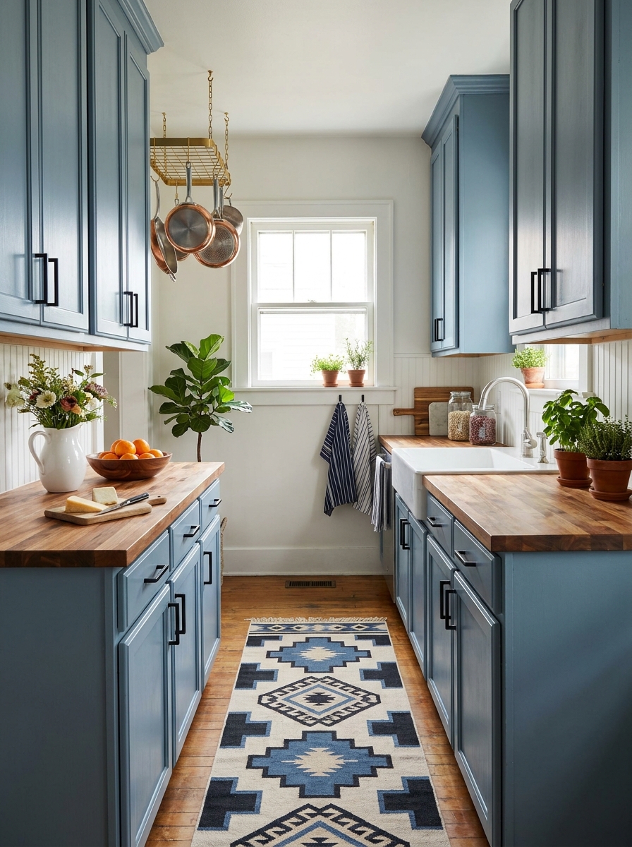 Dusty Blue Cabinets with Butcher Block and Matte Black