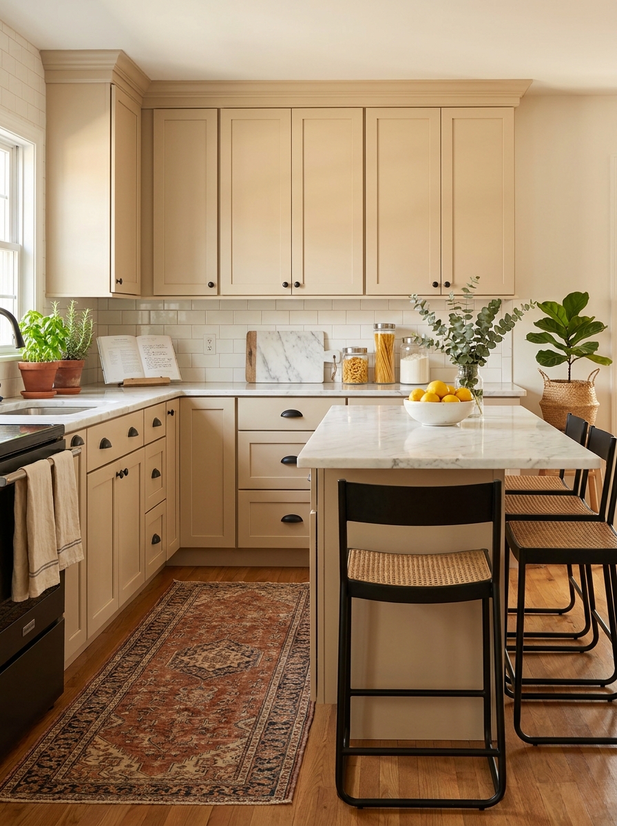 Warm Beige Cabinets with White Marble and Black Accents