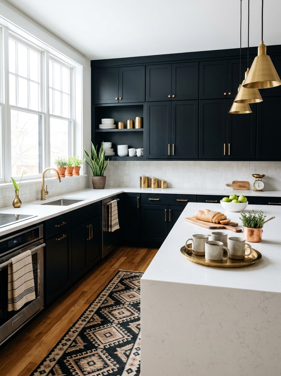 Midnight Black Cabinets with Warm Oak Floors and Brass