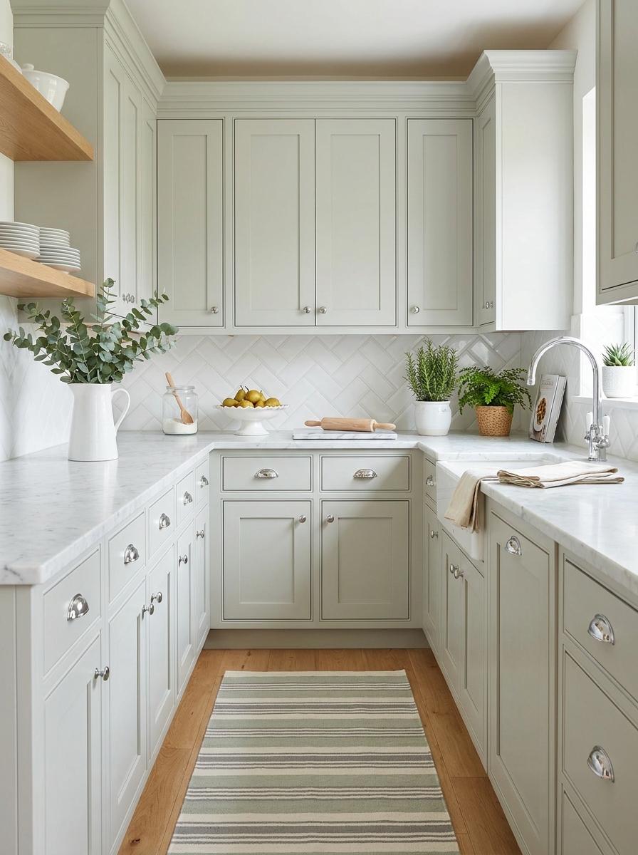 Soft Gray-Green Cabinets with Carrara Marble and Chrome