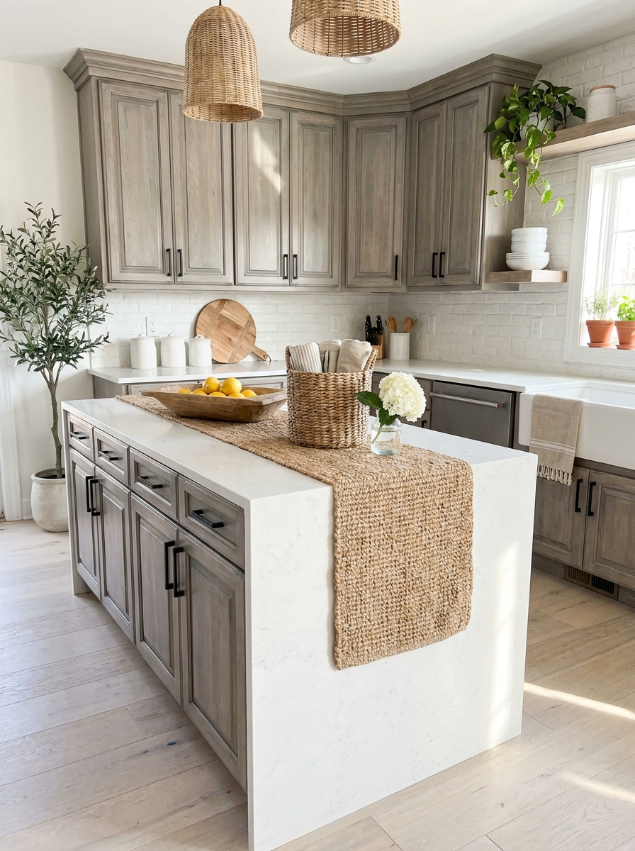 Weathered Driftwood Gray Cabinets with White and Natural Jute