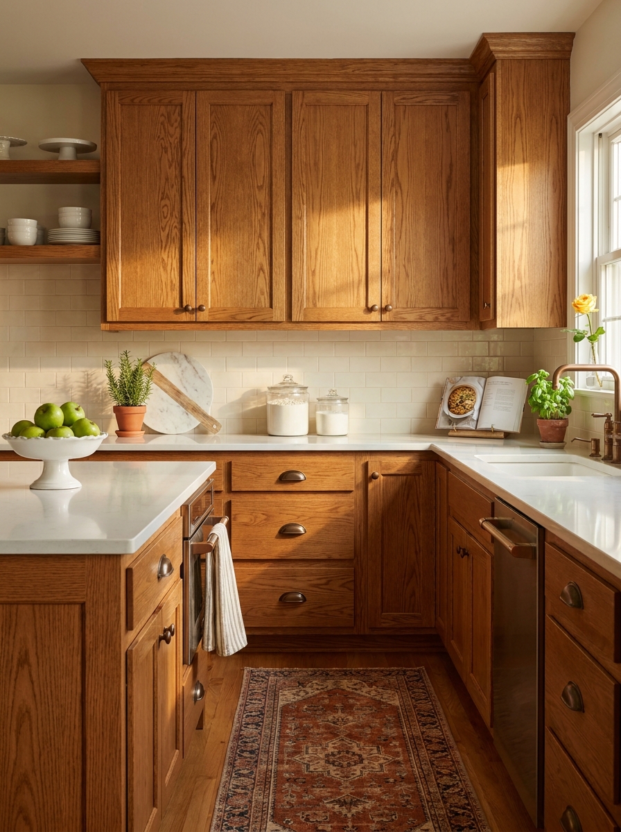 Warm Honey Oak Cabinets with White Counters and Bronze