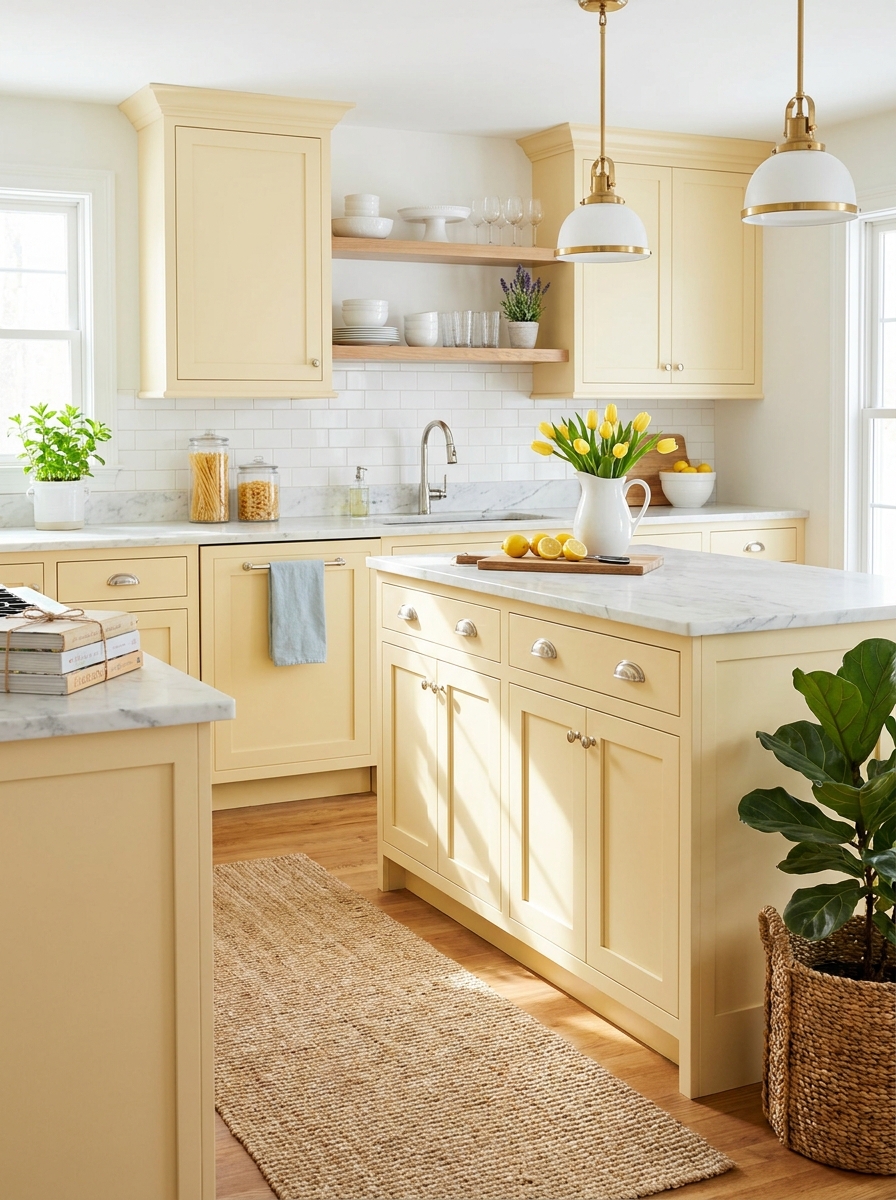 Pale Yellow Cabinets with White Marble and Polished Nickel