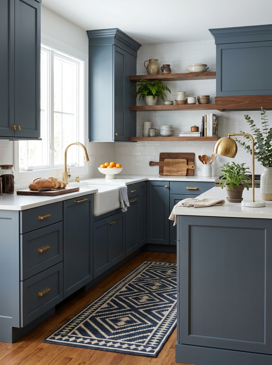 Slate Blue-Gray Cabinets with Brass and Walnut Accents