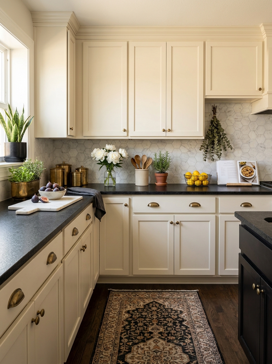 Soft Ivory Cabinets with Black Counters and Aged Brass