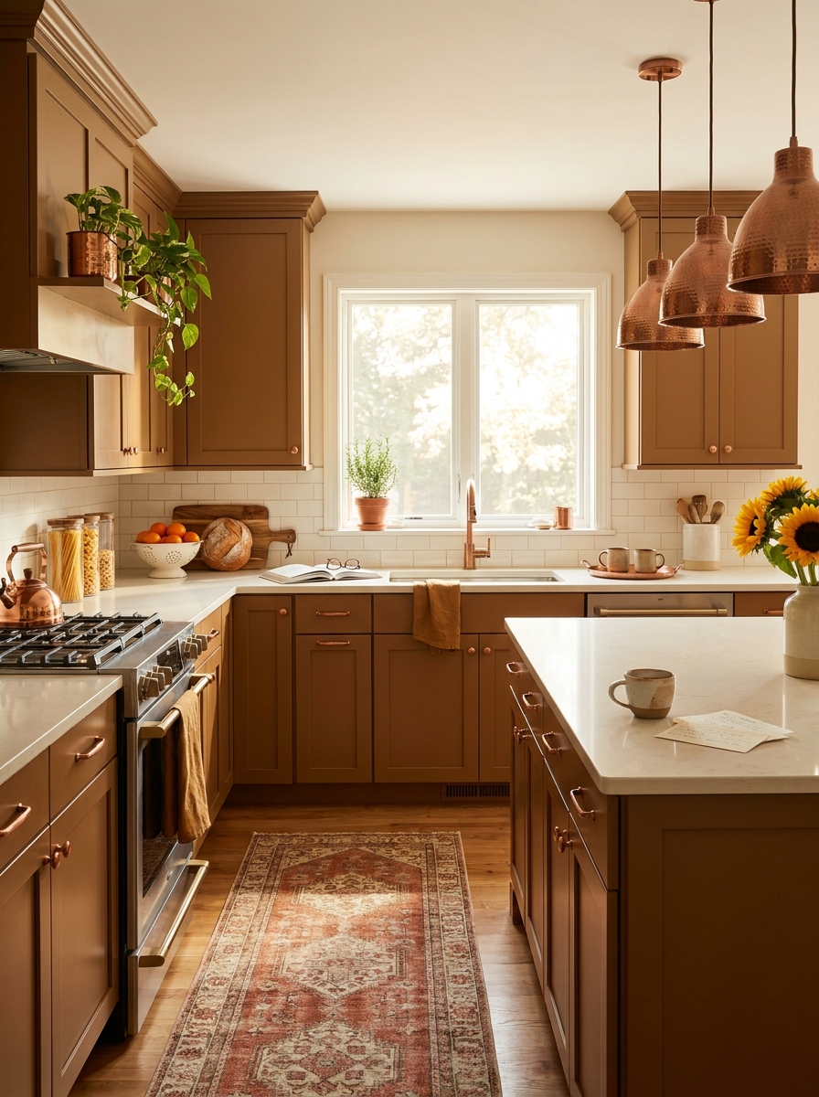 Warm Caramel Brown Cabinets with Cream and Copper