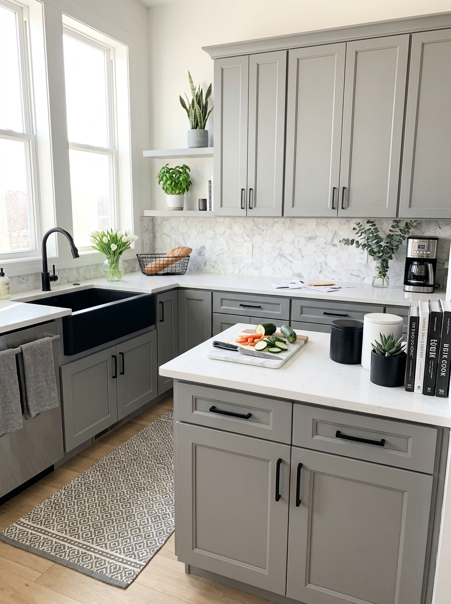 Crisp Dove Gray Cabinets with White Quartz and Matte Black