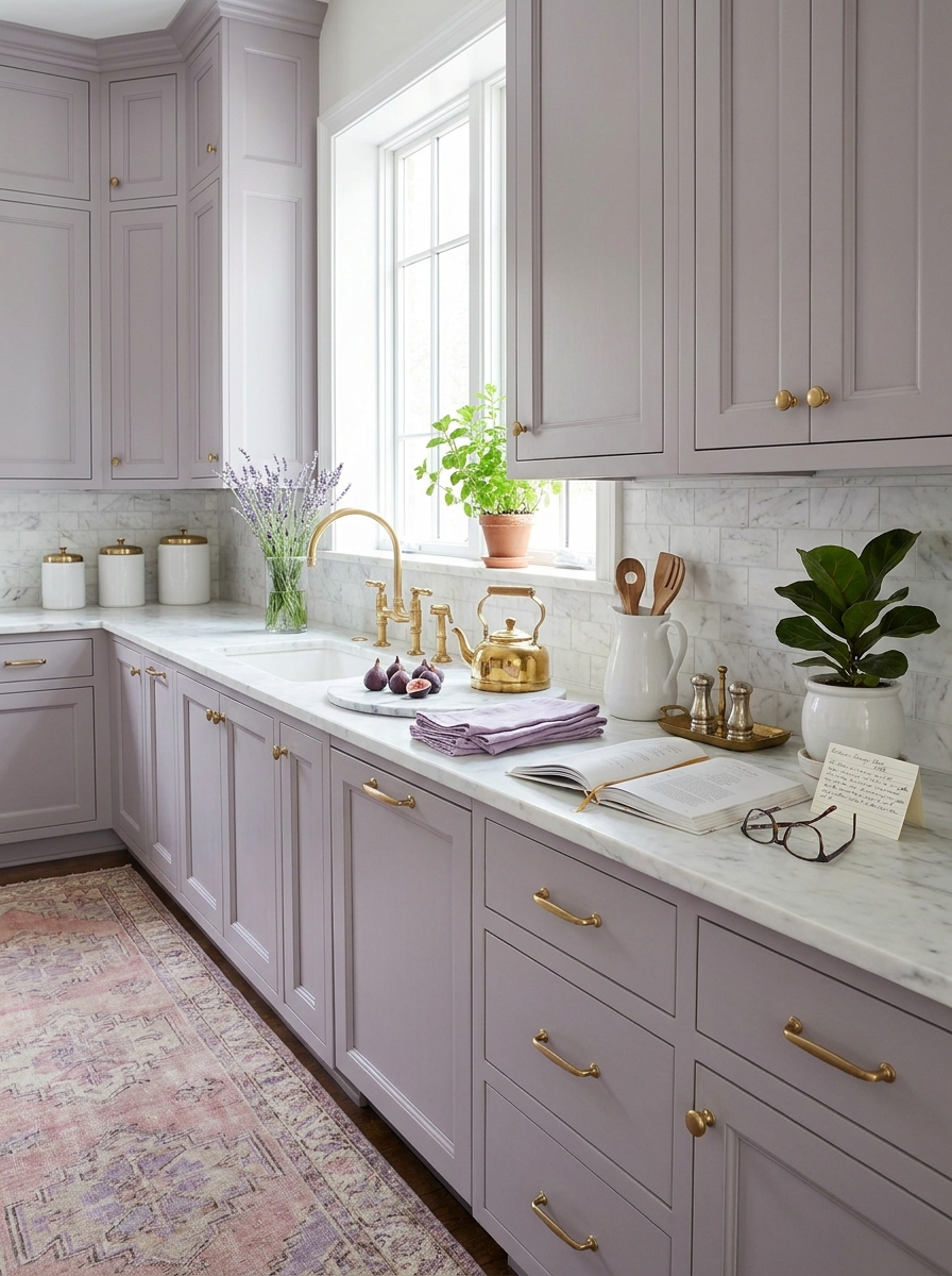 Soft Lavender-Gray Cabinets with White Marble and Brass