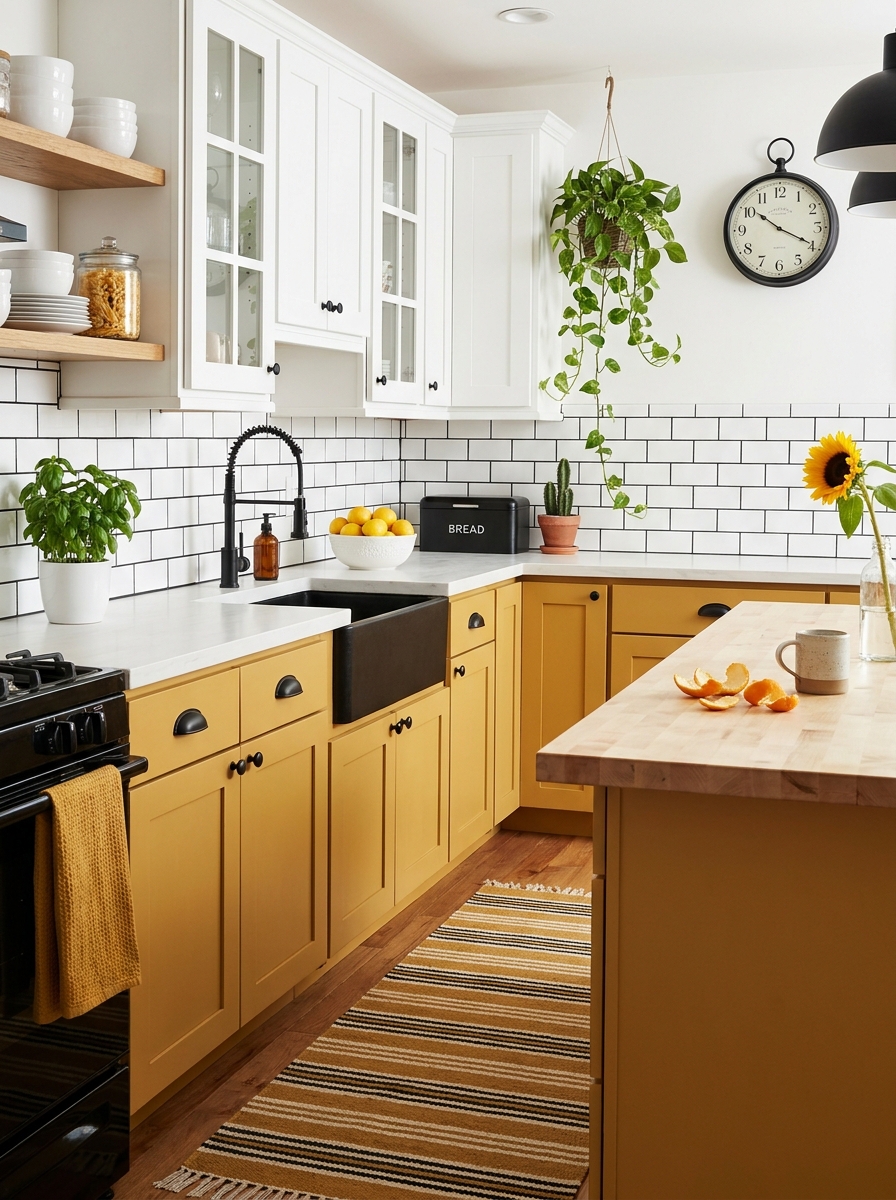 Warm Mustard Yellow Cabinets with White Subway Tile and Black Accents