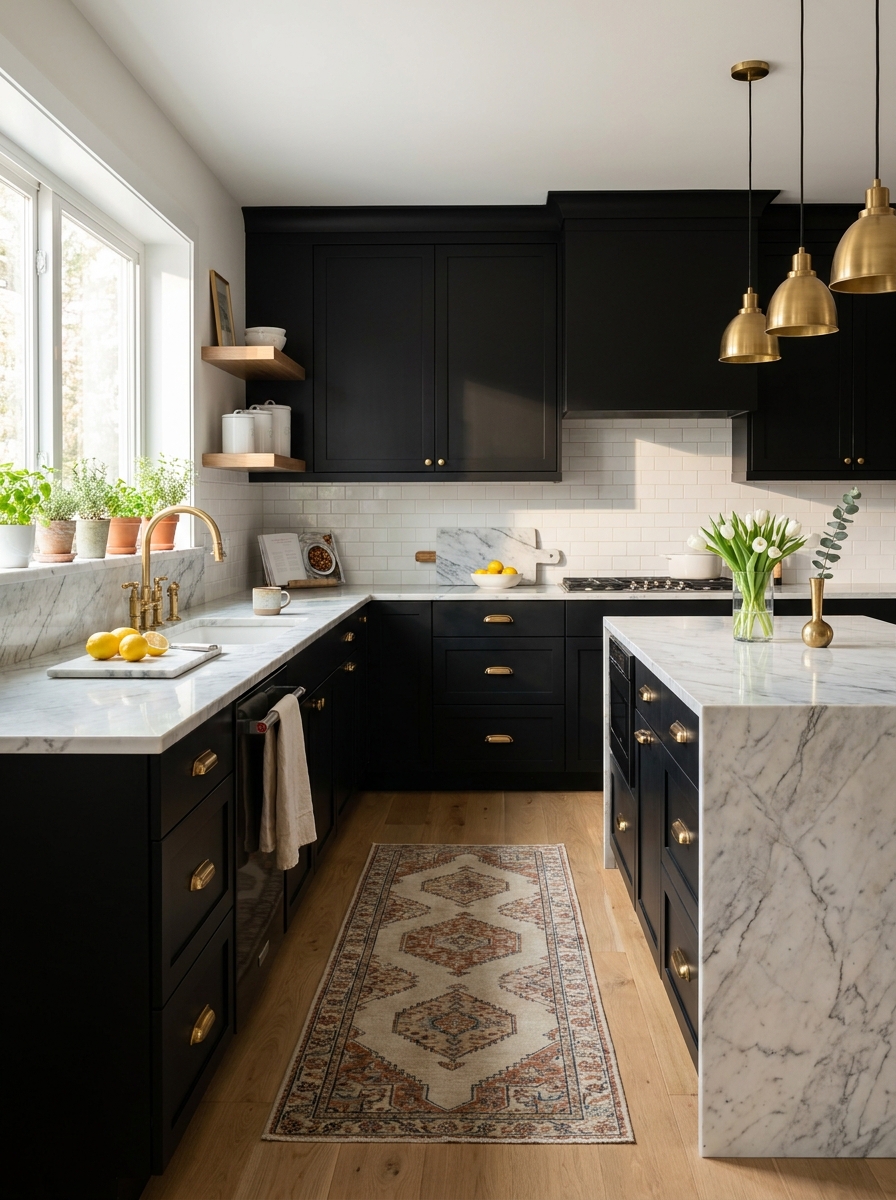 Matte Black Cabinets with White Marble and Warm Brass