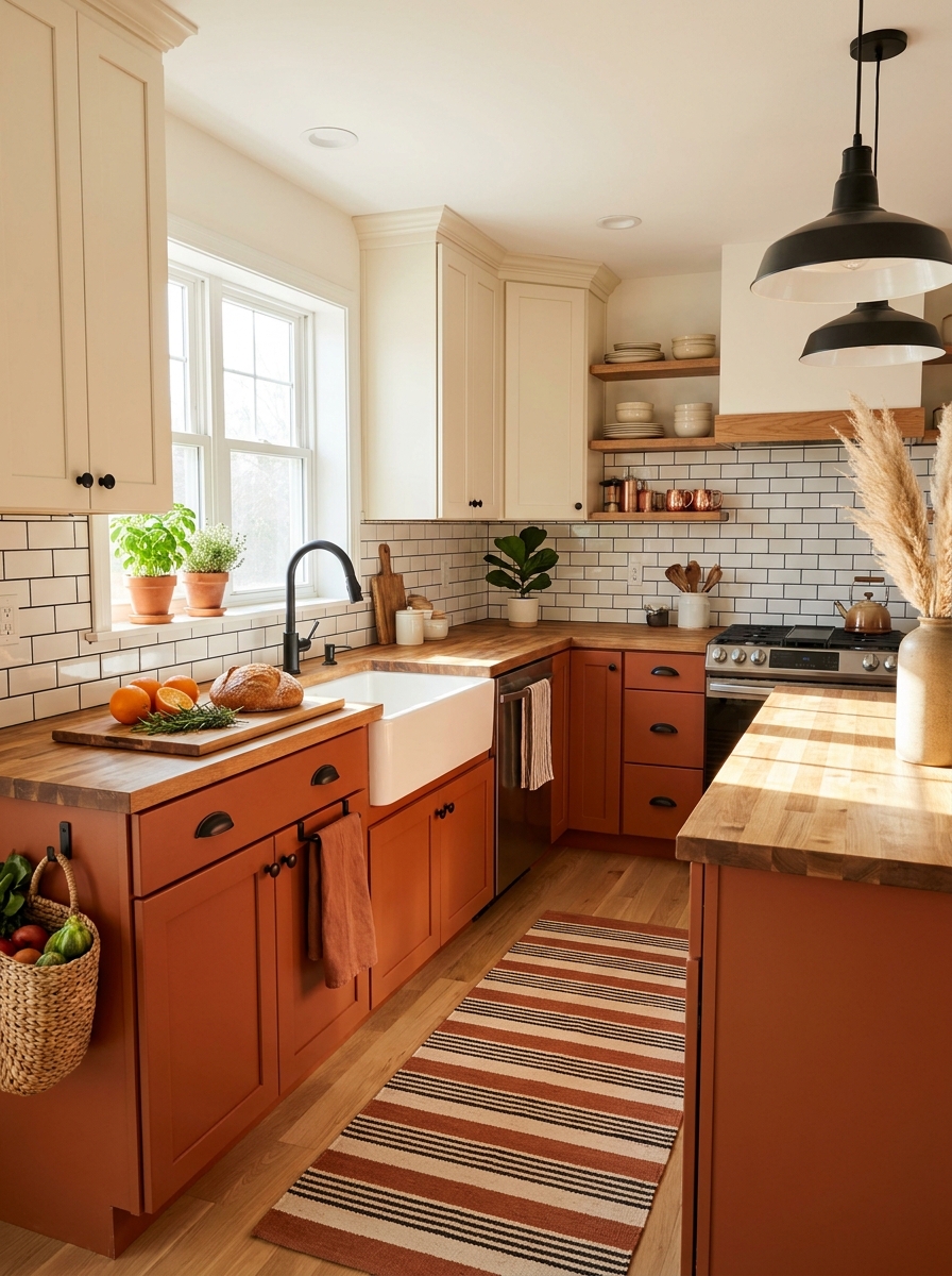 Warm Rust Orange Cabinets with Cream and Matte Black