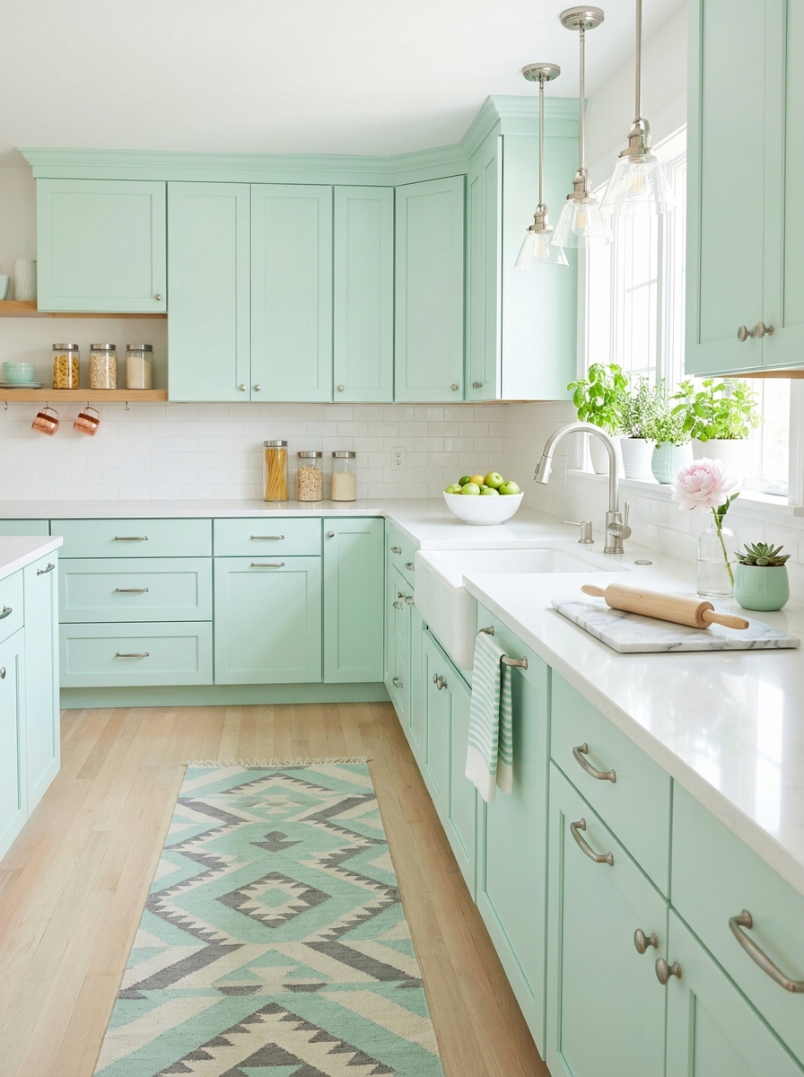 Soft Mint Green Cabinets with White Counters and Brushed Nickel