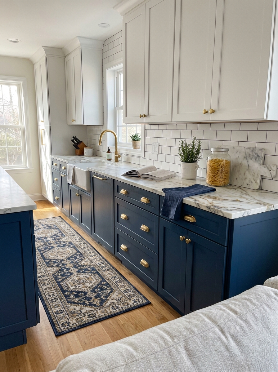 Deep Navy Blue Cabinets with White Marble