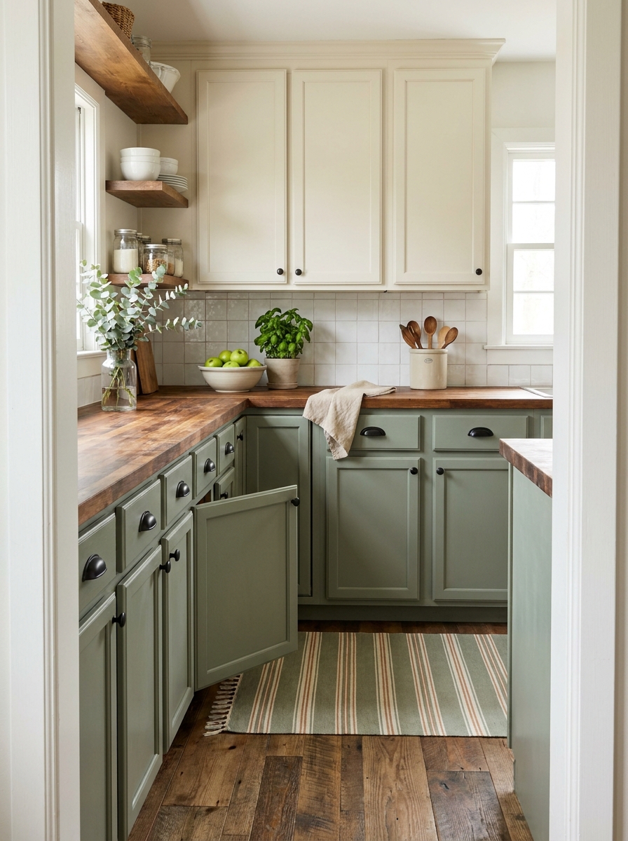 Sage Green Cabinets with Natural Wood Tones