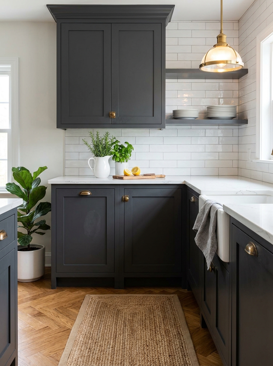 Charcoal Gray with White Subway Tile and Brass