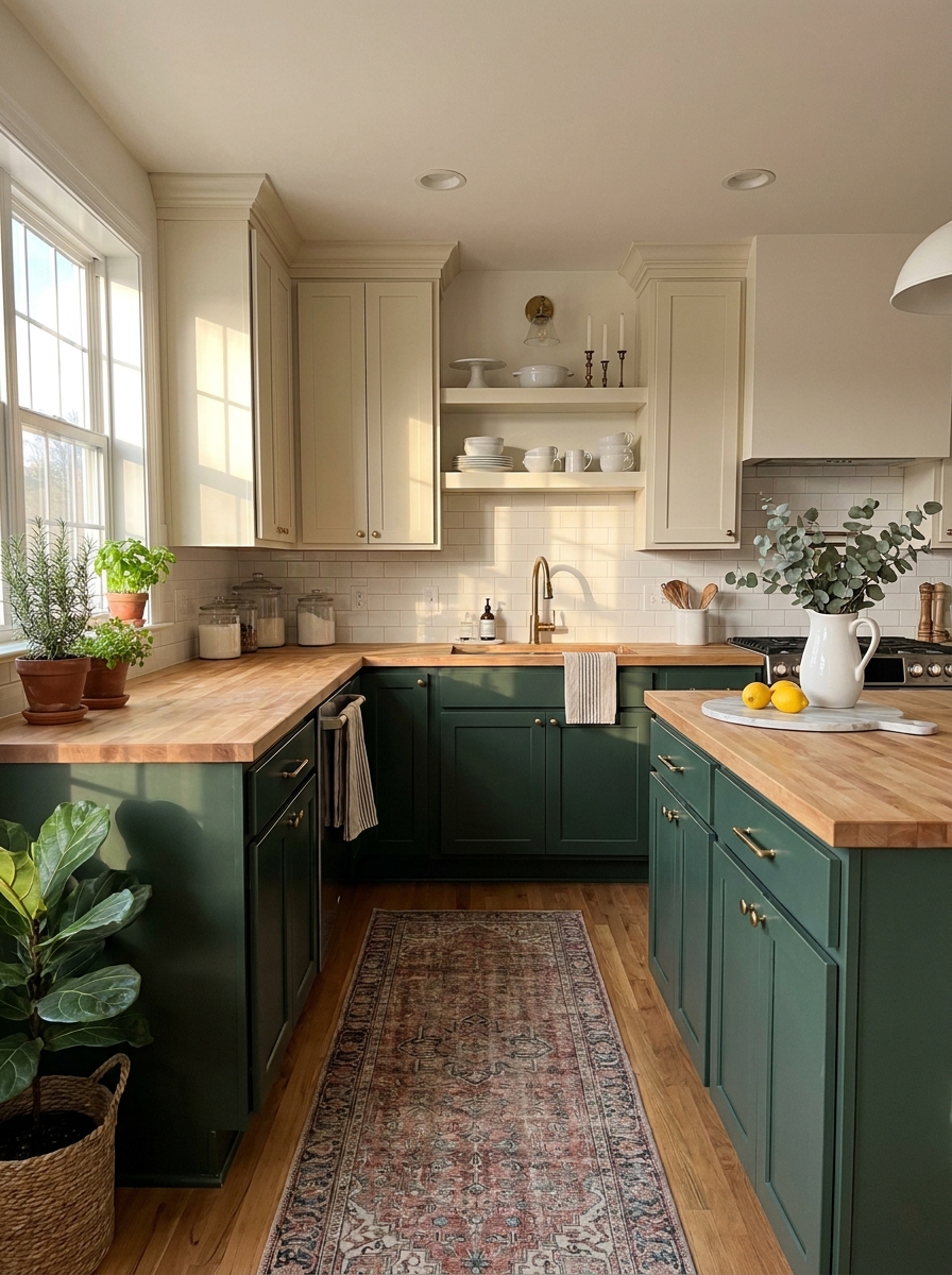 Two-Tone Cream and Forest Green Cabinets