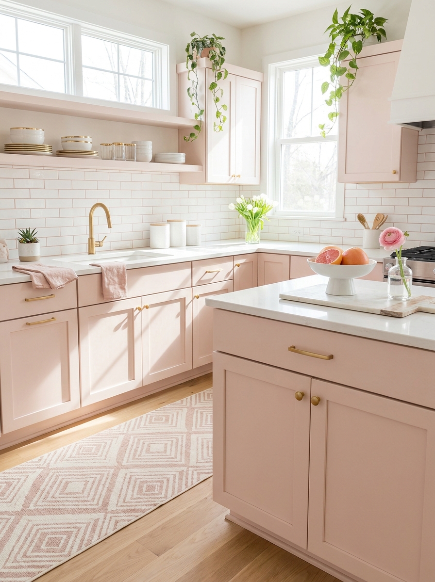 Soft Blush Pink Cabinets with White and Gold