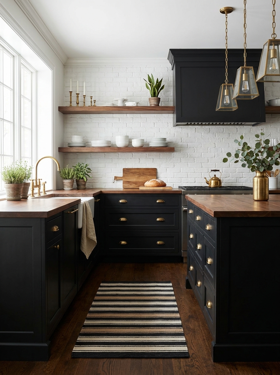 Black Cabinets with Warm Wood and Brass Details