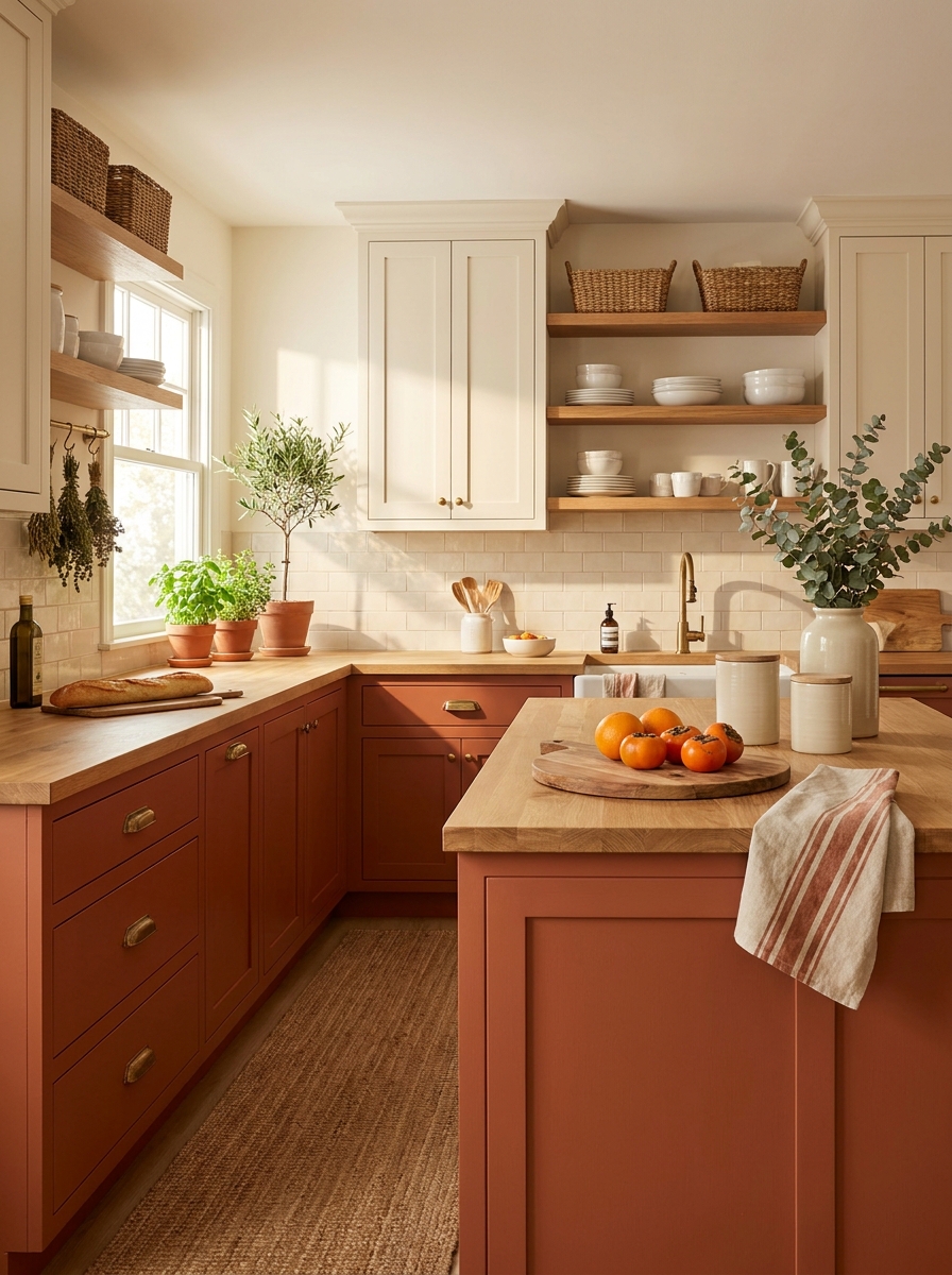 Warm Terracotta Lower Cabinets with Cream Uppers