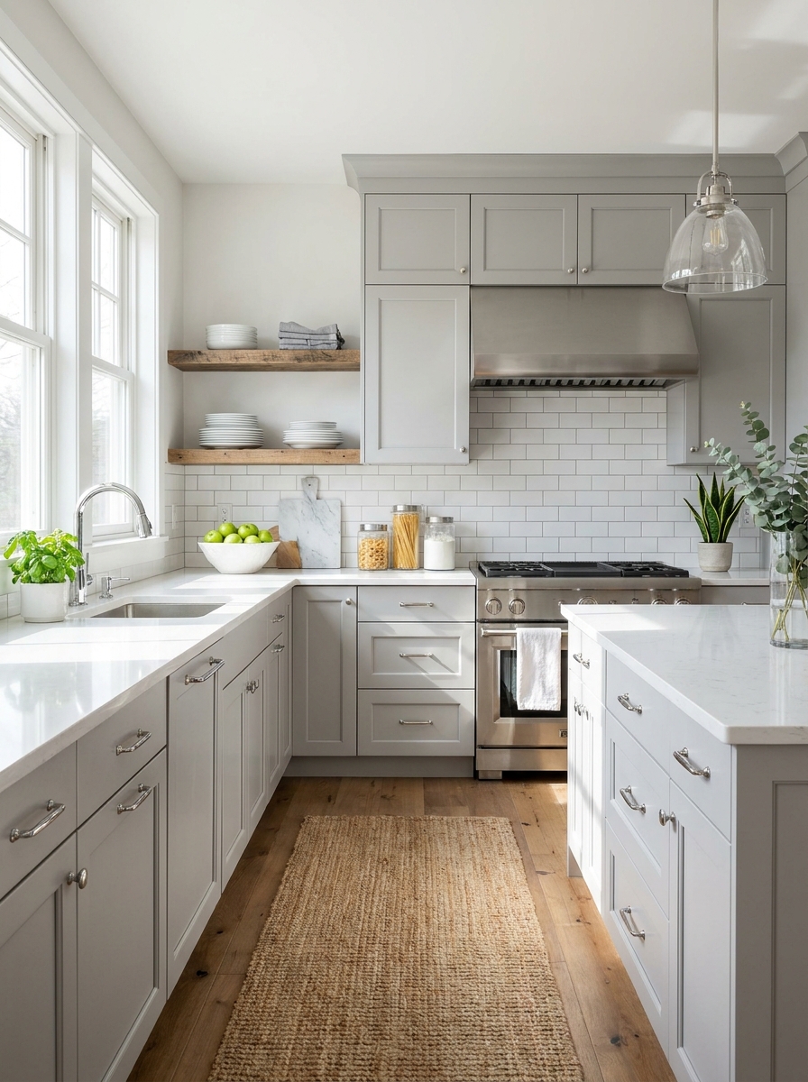 Light Gray Cabinets with White Counters and Chrome