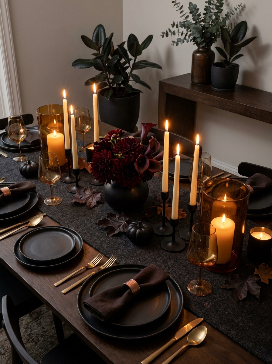 Black and Amber Dramatic Candlelit Evening Table