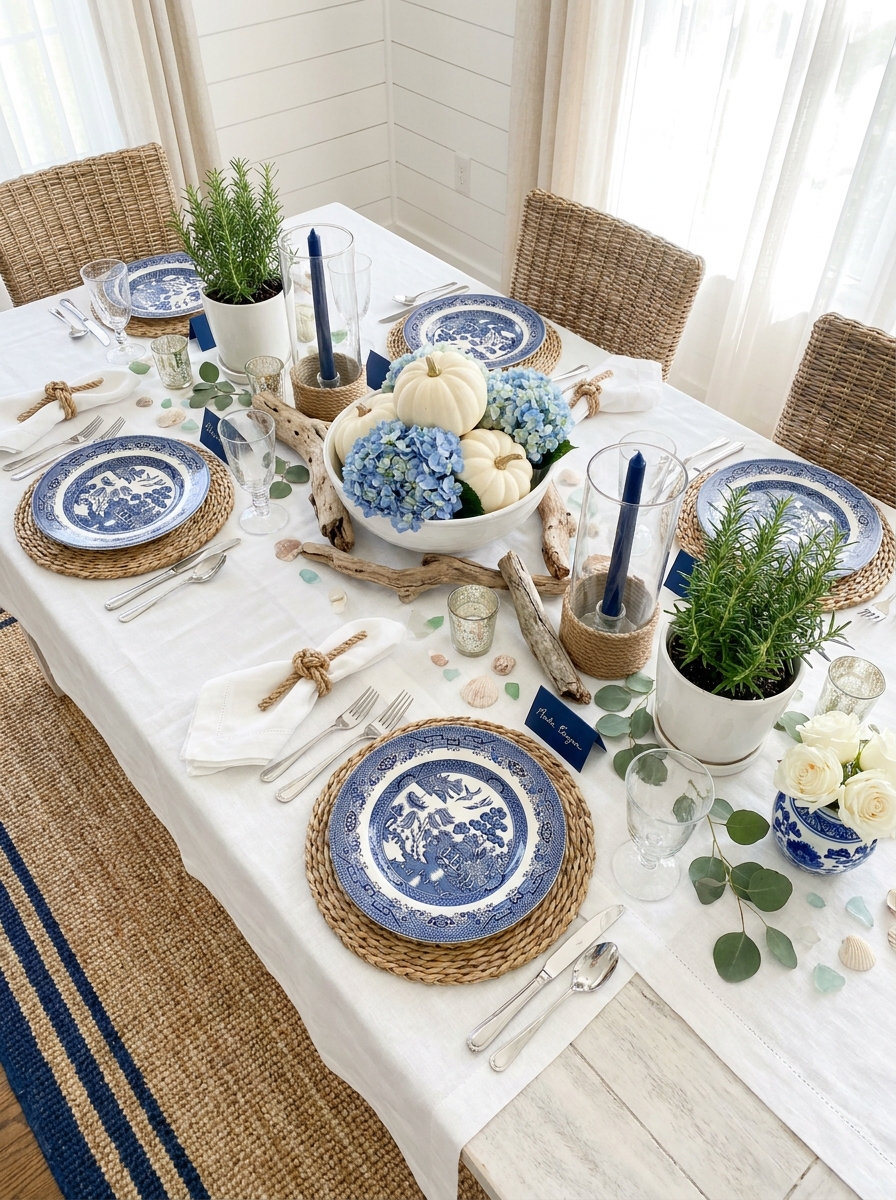 Coastal Thanksgiving with Blue and White Nautical Touches