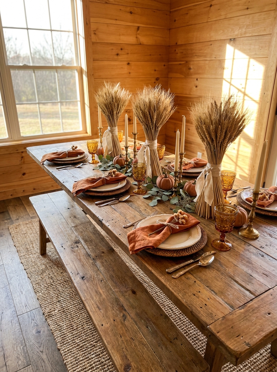 Rustic Harvest Table with Wheat Bundle Centerpiece