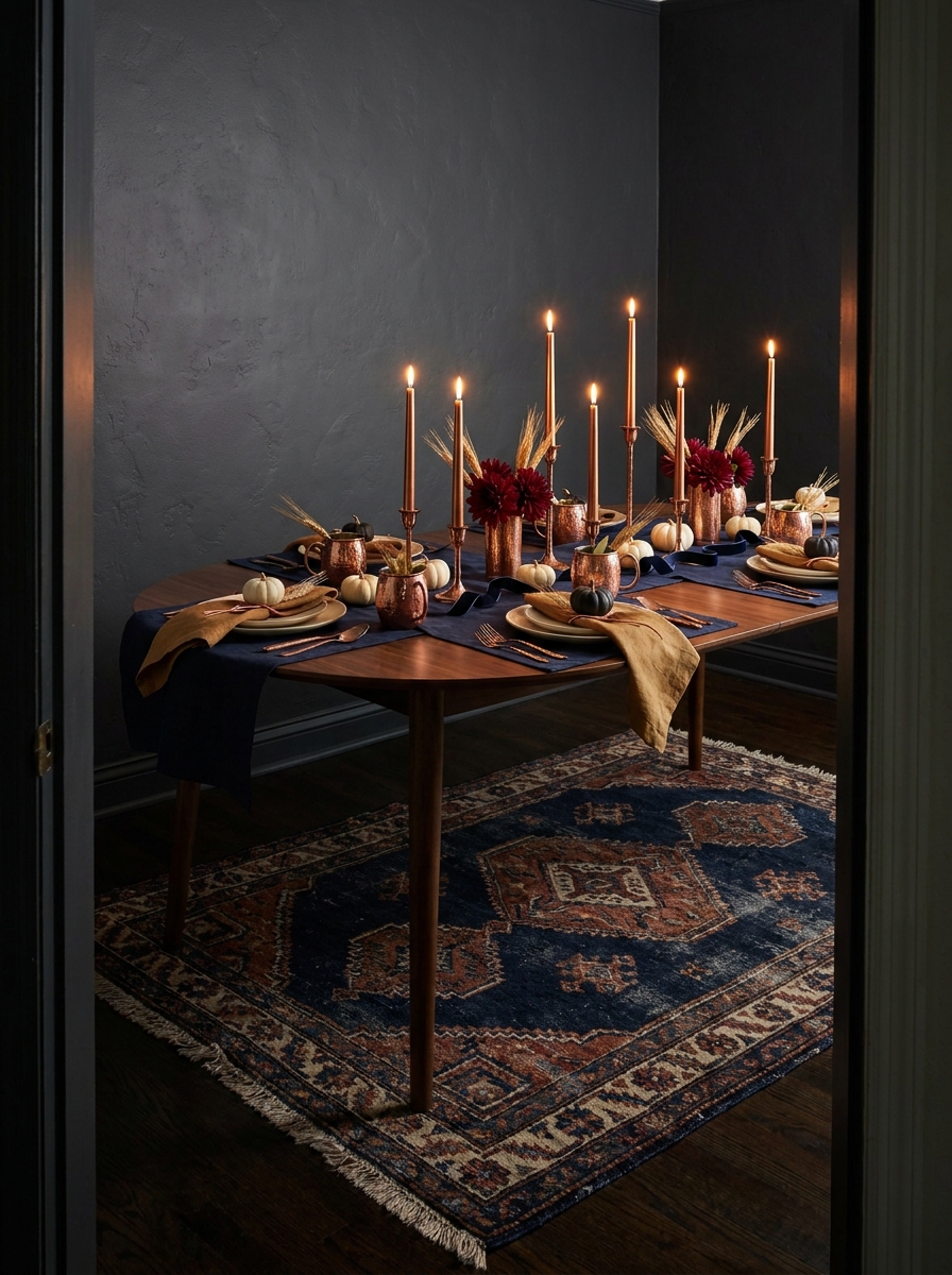 Moody Navy and Copper Autumn Tablescape
