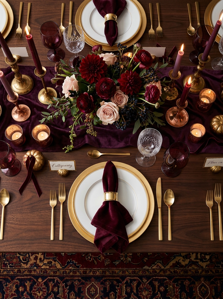 Jewel-Toned Velvet Glam with Deep Burgundy and Gold