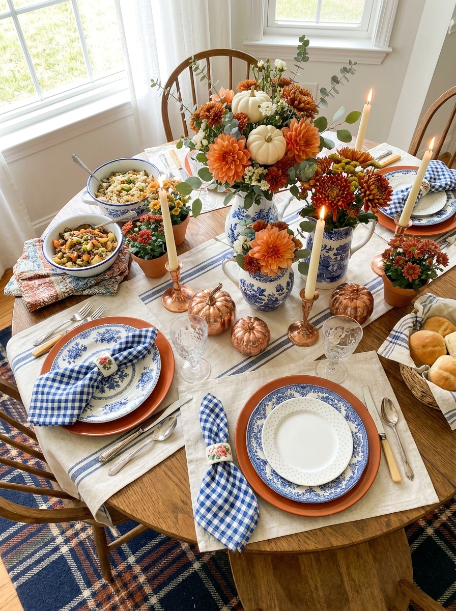 Cozy Cottage Mixed Pattern Table with Blue and Orange