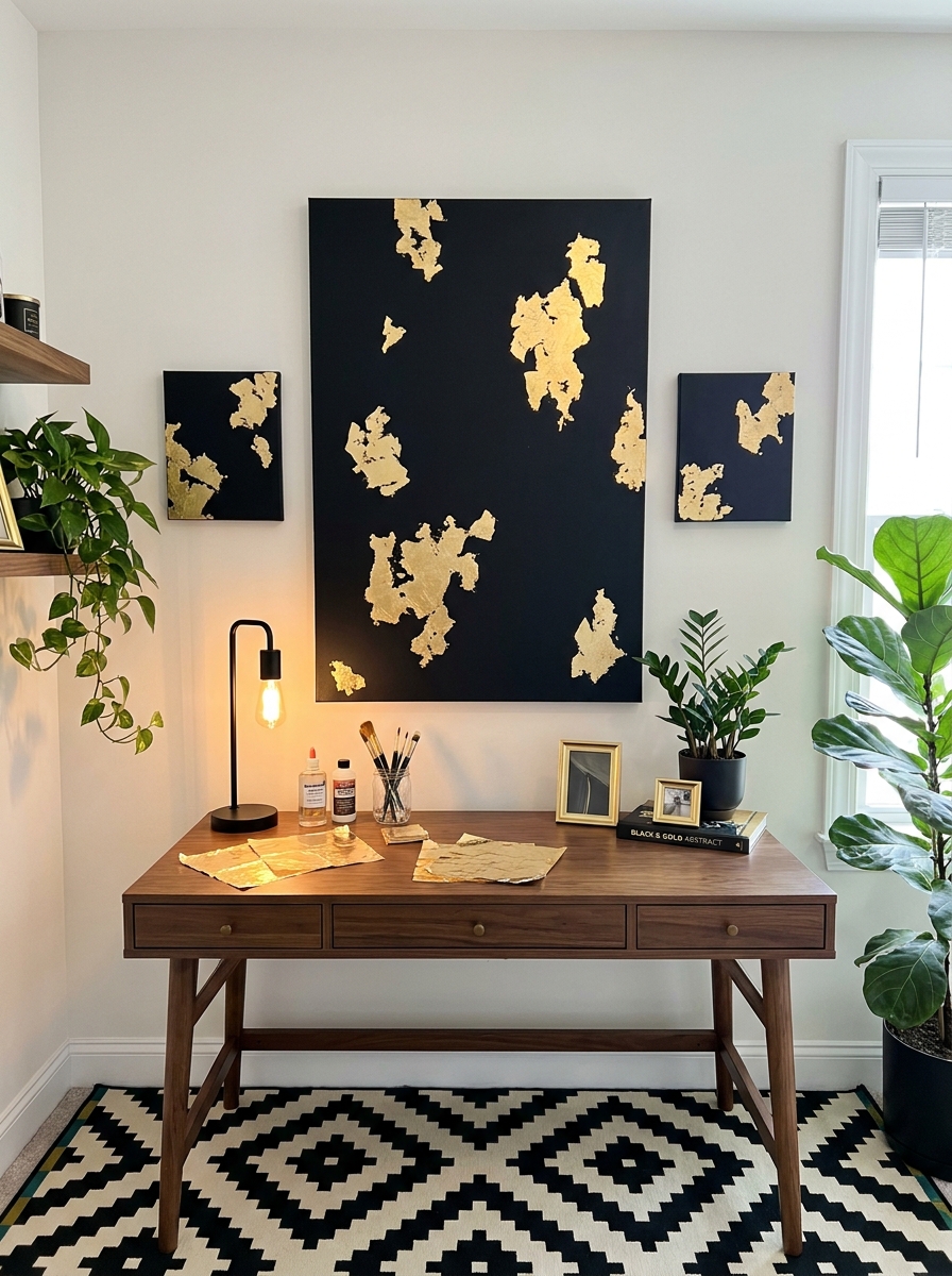 Gold Leaf Abstract on Black Canvas