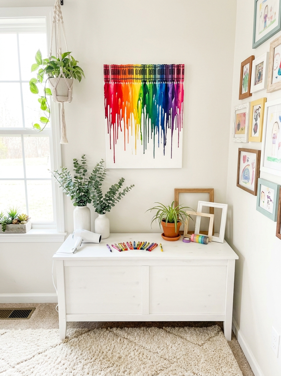 Crayon Melt Rainbow on White Canvas