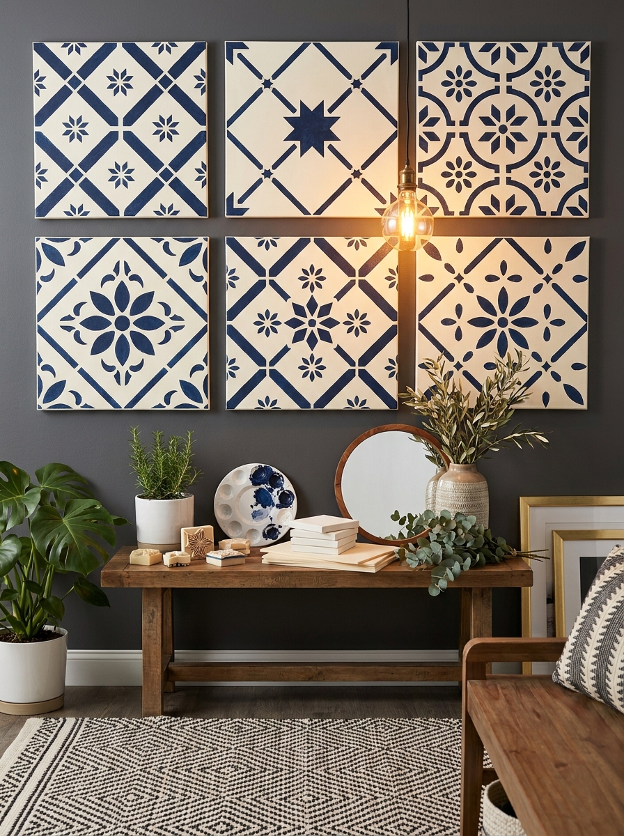 Stamped Tile Pattern on Canvas Grid