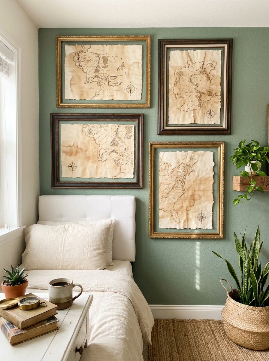 Coffee-Stained Paper Map Art in Thrifted Frame