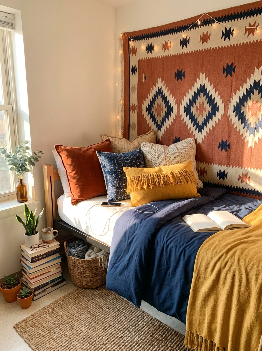 Headboard Alternative With Pillows and Fabric