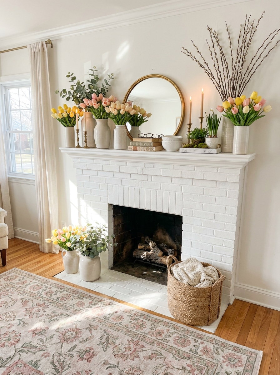Fireplace Mantel Spring Garden Display