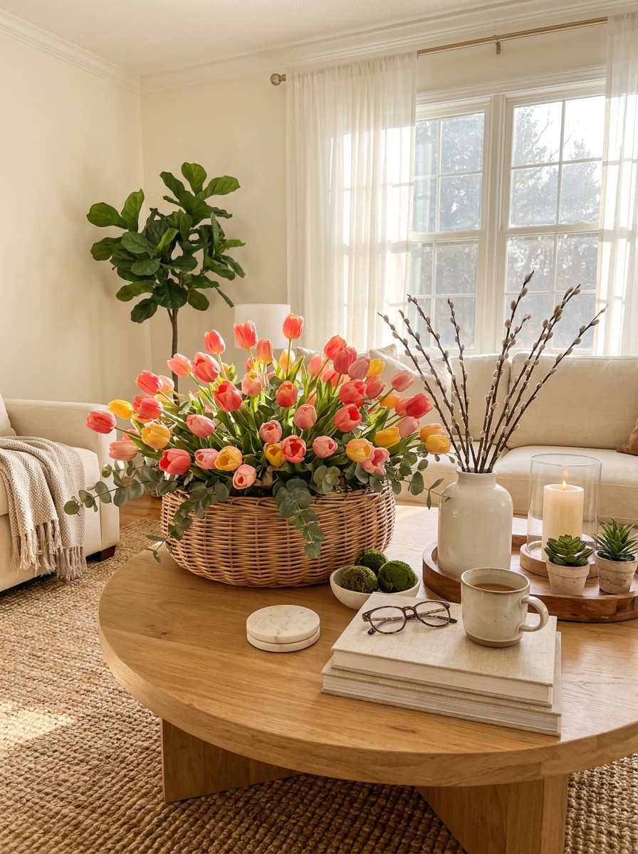 Wicker Basket Low Table Garden Arrangement