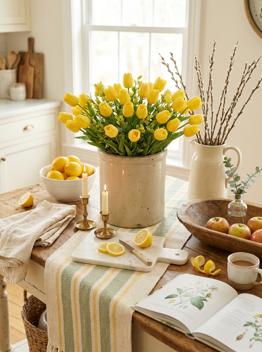 Vintage Crock with Yellow Tulips