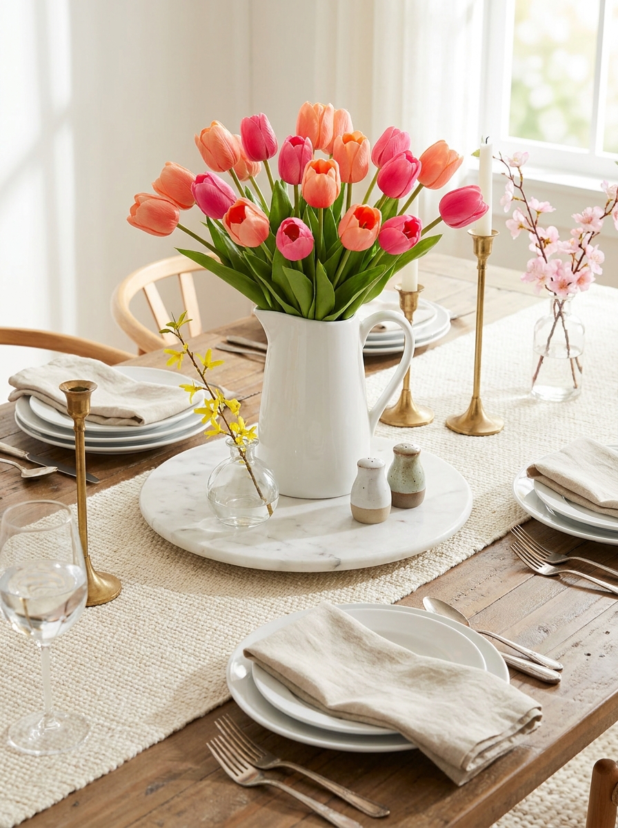 Coral and Hot Pink Tulip Centerpiece