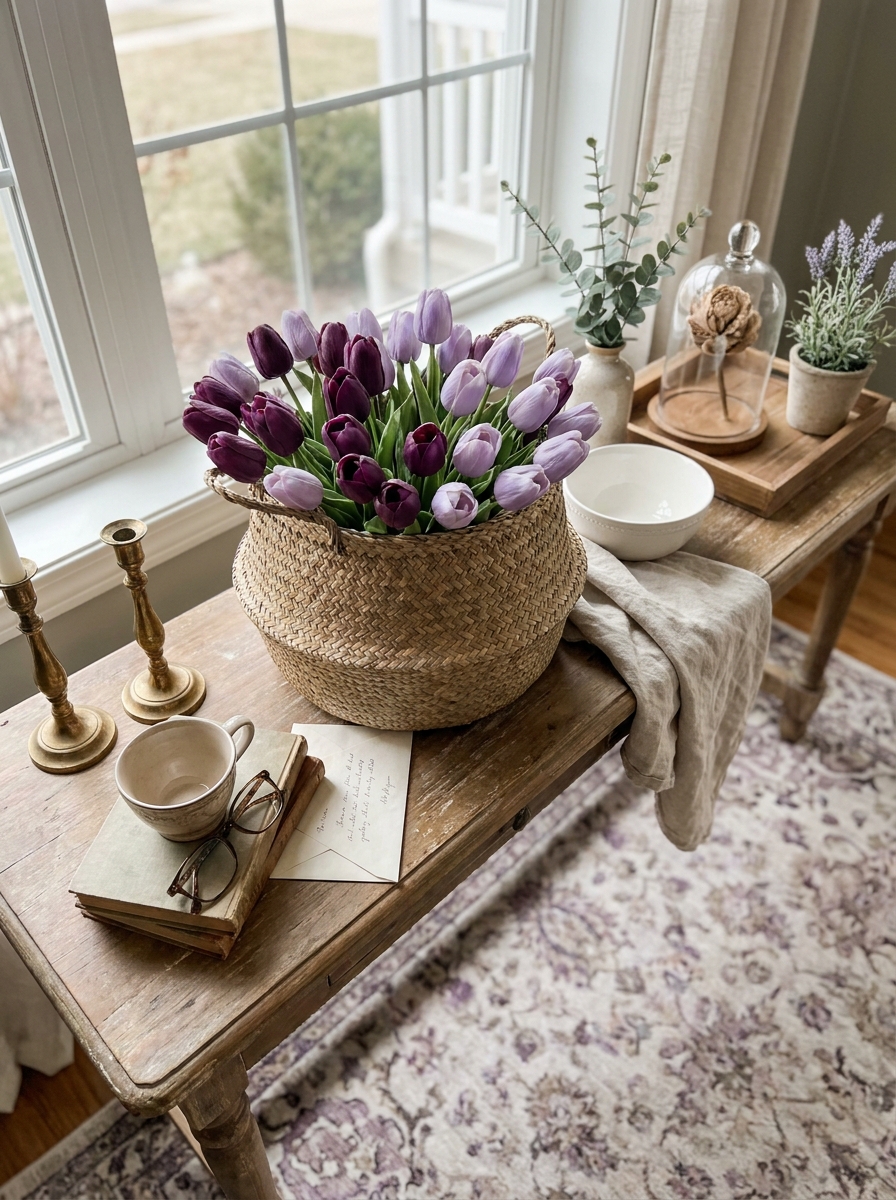 Purple Tulips in a Basket Arrangement