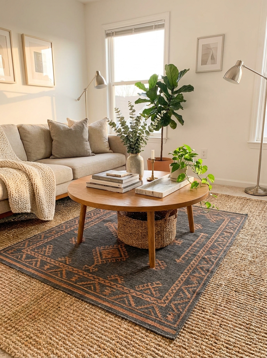 Layer a Smaller Rug Over a Larger Neutral One