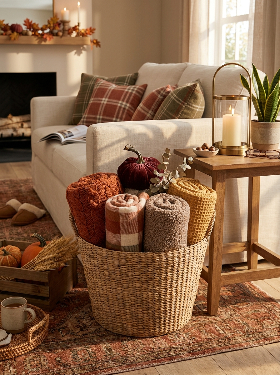 Tuck Cozy Throws into a Large Basket Near Seating Areas