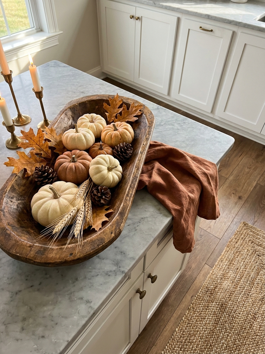 Fill Wooden Dough Bowls with Seasonal Stems and Mini Pumpkins