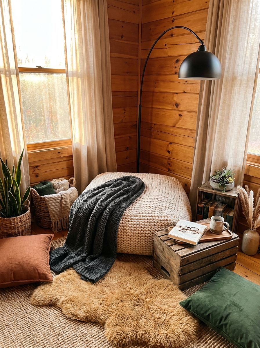Rustic Cabin Corner with Oversized Knit Pouf