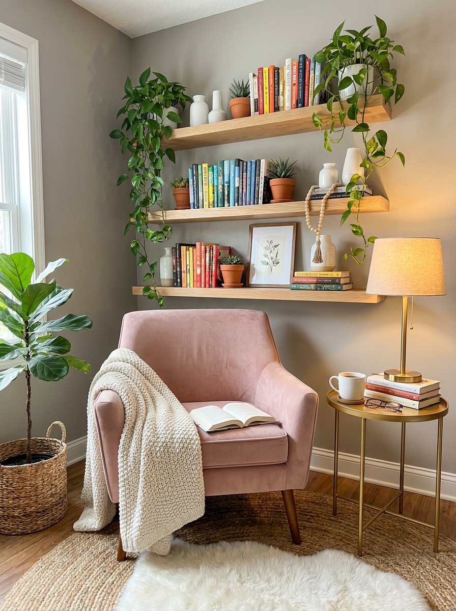 Floating Shelf Reading Chair with Botanical Vibes