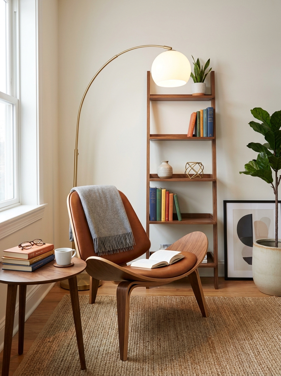 Mid-Century Modern Chair with Minimal Shelf Unit