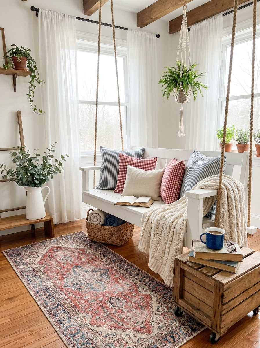 Farmhouse Porch Swing Bench Turned Indoor Nook