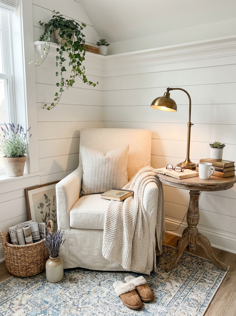 French Country Alcove with Linen Slipcovered Chair